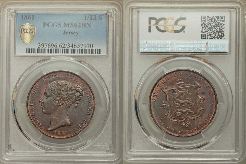 British Dependency. Victoria 1/13 Shilling 1861 MS62 Brown PCGS, KM3. Head left,...