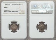 Charles IV 1/2 Real 1798/7 Mo-FM MS63 NGC, Mexico City mint, KM72. Armored bust of Charles IIII, right / Crowned shield flanked by pillars with banner...