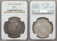 Charles IV 8 Reales 1807 Mo-TH MS61 NGC, Mexico City mint, KM109. Armored bust of Charles IIII, right / Crowned shield flanked by pillars with banner....