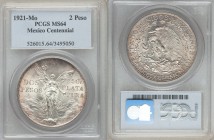 Estados Unidos 2 Pesos 1921-Mo MS64 PCGS, Mexico City mint, KM462. National arms, eagle left within wreath / Winged Victory. Struck to commemorate the...