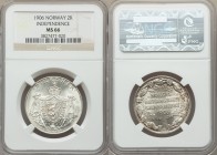 Haakon VII 2 Kroner 1906 MS66 NGC, KM363. Crowned mantled shield / Inscription and date within tree, wreath of grasped hands surround. Struck to comme...