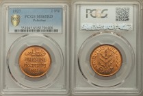 British Mandate Pair of Certified 2 Mils 1927 MS65 Red PCGS, KM2. Edge: Plain. Inscription PALESTINE, in English, Hebrew, and Arabic / Value and plant...