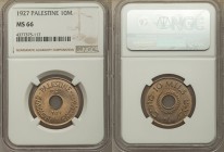 British Mandate 10 Mils 1927 MS66 NGC, KM4. Edge: Plain. Date above and below center hole, with inscription PALESTINE in English, Hebrew and Arabic / ...