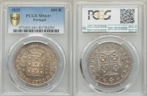 Maria II 400 Reis 1835 MS64+ PCGS, Lisbon mint, KM403.2. Crowned arms flanked by vertical value and date / Maltese cross, rosettes in angles. From A S...