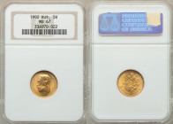 Nicholas II gold 5 Roubles 1902-AP MS67 NGC, St. Petersburg mint, KM-Y62. Head left / Crowned double-headed imperial eagle, ribbons on crown. From A S...