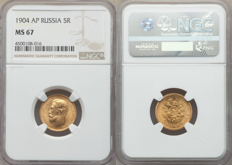 Nicholas II gold 5 Roubles 1904-AP MS67 NGC, St. Petersburg mint, KM-Y62. Head l...