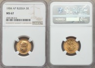 Nicholas II gold 5 Roubles 1904-AP MS67 NGC, St. Petersburg mint, KM-Y62. Head left / Crowned double-headed imperial eagle, ribbons on crown. From A S...