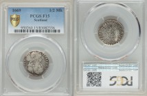 Charles II 1/2 Merk 1669 F15 PCGS, KM101, S-5614. Laureate bust of Charles II right / Cruciform arms with value at center, crowned linked C's in angle...