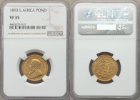 Republic gold Pond 1893 VF35 NGC, Pretoria mint, KM10.2, Friedberg 2. Bust left / Single shaft wagon tongue. AGW 0.2352 oz. From A Special Selection o...