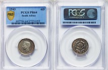 George VI Proof 6 Pence 1943 PR64 PCGS, KM27. Edge: Reeded. Head left / Protea flower in center of designed bars. Designed by T.H. Paget (obverse) and...