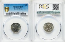 George VI Proof 6 Pence 1949 PR67 PCGS, KM36.1. Edge: Reeded. Head left / Protea flower in center of designed bars. By T.H. Paget (Obv.) and G.T. Krug...