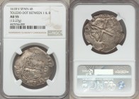 Philip III 4 Reales 1618-V AU55 NGC, Toledo mint, KM33.5. Crowned shield of royal arms between mint mark with assayer mark below and value / Quartered...