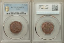 Isabel II 4 Maravedis 1847-JA MS64 Brown PCGS, Jubia mint, KM530.2. Bust right / REYNA DE LAS ESPANAS. Cross with castles and lions in angles, legend ...