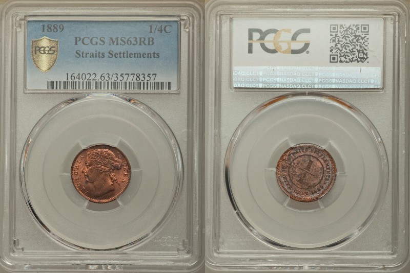 British Colony. Victoria 1/4 Cent 1889 MS63 Red and Brown PCGS, KM14. Crowned he...