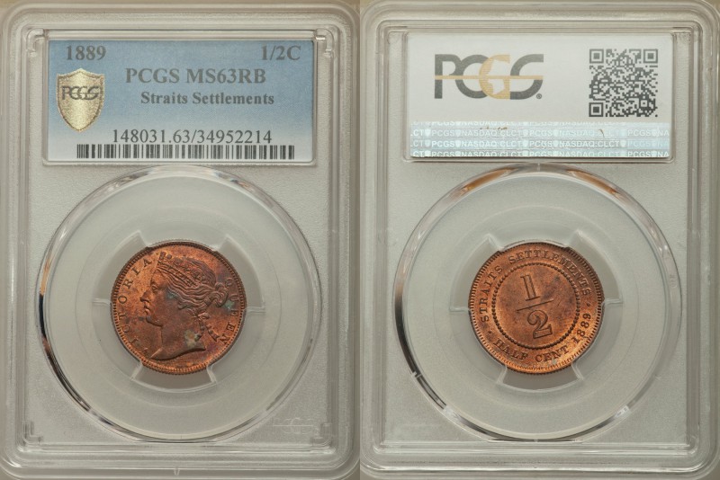 British Colony. Victoria 1/2 Cent 1889 MS63 Red and Brown PCGS, KM15. Crowned he...