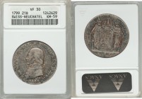 Neuchatel. Friedrich Wilhelm III 21 Batzen 1799 VF30 ANACS, KM59, HMZ-2715a. Bust left / Crowned arms flanked by supporters, value below. From A Speci...