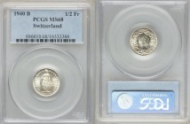 Confederation 1/2 Franc 1940-B MS68 PCGS, Bern mint, KM23. Edge: Reeded. Standing Helvetia with lance and shield within star border / Value, date with...