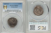 Confederation Franc 1875-B MS63 PCGS, Bern mint, KM24. Edge: Reeded. Standing Helvetia with lance and shield within star border / Value, date within w...
