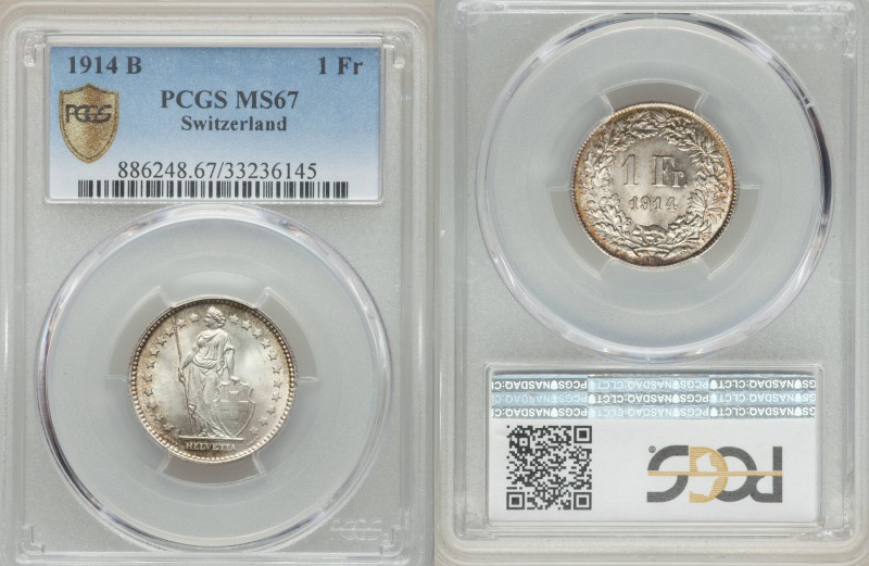 Confederation Franc 1914-B MS67 PCGS, Bern mint, KM24. Edge: Reeded. Standing He...