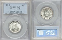 Confederation Franc 1928-B MS67 PCGS, Bern mint, KM24. Edge: Reeded. Standing Helvetia with lance and shield within star border / Value, date within w...