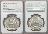 Confederation 5 Francs 1851-A MS61 NGC, Paris mint, KM11. Seated Helvetia / Value, date within wreath. From A Special Selection of World Coins

HID098...