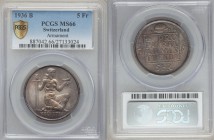 Confederation 5 Francs 1936-B MS66 PCGS, Bern mint, KM41. Edge: DOMINUS PROVIDEBIT (13 stars). Kneeling female figure holding sword and dove right / I...
