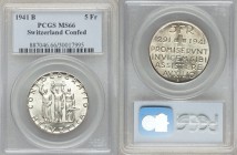 Confederation 5 Francs 1941-B MS66 PCGS, Bern mint, KM44. Edge: DOMINUS PROVIDEBIT (13 stars). Three standing figures representing the original canton...