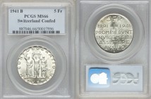 Confederation 5 Francs 1941-B MS66 PCGS, Bern mint, KM44. Edge: DOMINUS PROVIDEBIT (13 stars). Three standing figures representing the original canton...