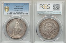 Confederation "Shooting Taler" 5 Francs 1872 MS63 PCGS, Zurich mint, KM-XS11, Häb-13, R-1731. Standing Liberty holding aloft the victor's crown / Swis...