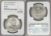 Confederation "St. Gallen Shooting Festival" 5 Francs 1874 MS65 NGC, KM-XS12, Richter 1156a. Canton arms above city view / Kneeling rifleman with flag...