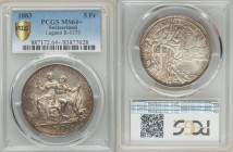 Confederation "Lugano Shooting Festival" 5 Francs 1883 MS64+ PCGS, KM-XS16. Arms and banners left of lake / Liberty, river god and railroad tunnel. Fr...