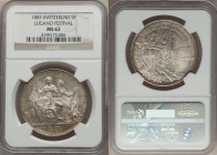 Confederation "Lugano Shooting Festival" 5 Francs 1883 MS63 NGC, KM-XS16. Arms and banners left of lake / Liberty, river god and railroad tunnel. Stuc...