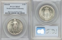 Confederation "Fribourg Shooting Festival" 5 Francs 1934-B MS65 PCGS, Bern mint, KM-XS18. Struck to commemorate the Federal Festival in Fribourg. From...