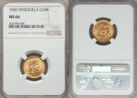 Republic gold 10 Bolivares 1930-(p) MS66 NGC, Philadelphia mint, KM-Y31. National arms above ribbon, plants flank, cornucopias above / Head of Bolivar...