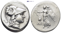 PAMPHYLIA, Side. Circa 200-190 BC. AR Tetradrachm (29mm, 16.4 g). Head of Athena right, wearing crested Corinthian helmet; c/m: upturned anchor / Nike...