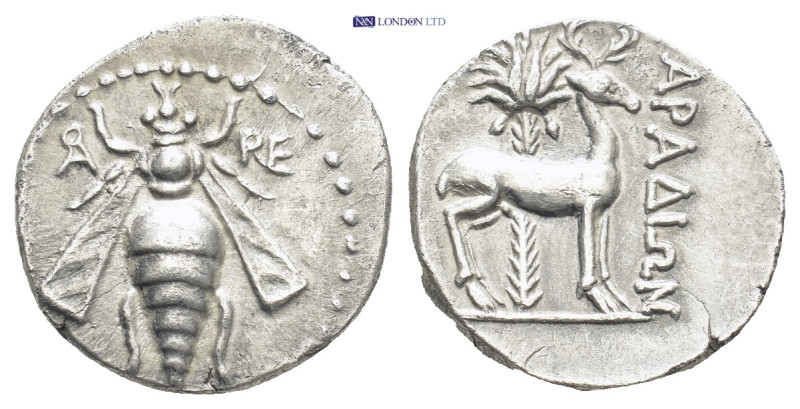 ARADOS. Phoenicia. Drachm, 169/168 B.C. (18mm. 3.9 g) Bee, cA monogram-RE. Rev. ...