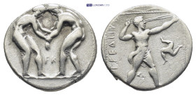 Pamphylia, Aspendos AR Stater. (23mm, 10.2 g) Circa 380-325 BC. Two wrestlers grappling; FK between / Slinger in throwing stance right; to right, tris...