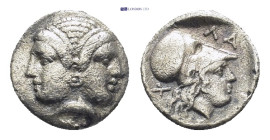 MYSIA, Lampsakos. (Circa 4th-3rd centuries BC.) AR Diobol (11mm 1.2 g) Female janiform head / Head of Athena right, wearing crested Corinthian helmet.