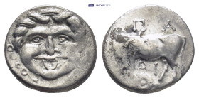 Mysia, Parion AR Hemidrachm. (12mm, 2.28 g) 4th century BC. Facing gorgoneion. / Bull standing left, head right; ΠA-RI above and below, round shield b...