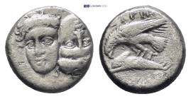 Moesia, Istros AR Drachm. (16mm, 4.7 g) Circa 280-250 BC. Aeginetic standard. Two young male heads facing, side by side, one upright, the other invert...