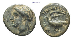 IONIA. Klazomenai. Ae (11mm, 1.12 g) (Circa 386-301 BC). Demetrios, magistrate. Obv: Head of Apollo left. Rev: ΔHMHTPIOΣ. Swan standing left, with win...