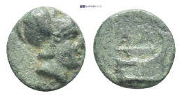 Kingdom of Macedon, Demetrios I Poliorketes Æ (9mm, 0.7 g). Salamis, circa 300-295 BC. Helmeted head of Athena to right / Prow of galley to right; BA ...