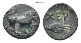 Thrace, Chersonesos.Ae, (9mm, 0.58 g). circa 309-220 BC. Obv: Lion advancing to right with tail curled over back Rev: XEP, Grain ear.