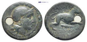 Thrace, Lysimachus,323-281 BC; Lysimacheia, c. 306-301 BC, AE (19mm, 5.0 g) Obv: Helmeted head of Athena r. Rx: Lion springing r., spearhead below.