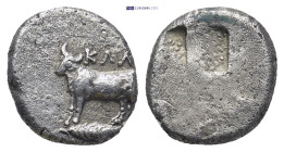 BITHYNIA, Kalchedon. Circa 340-320 BC. AR Hemidrachm (12mm, 2.36 g). Persic standard. Bull standing left on grain ear / Stippled quadripartite incuse ...