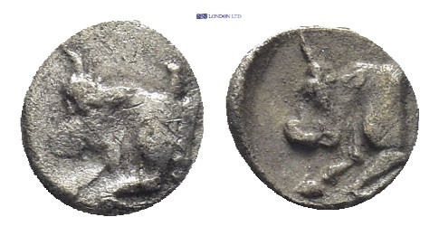 Caria. Uncertain mint. circa 500-450 BC. Diobol AR (6mm, 0.19 g) Forepart of bul...