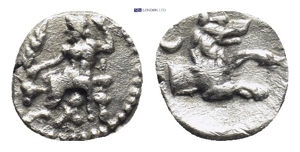 LYCAONIA, Laranda. Circa 324/3 BC. AR Obol (9mm, 0.4 g). Baaltars seated left, h...