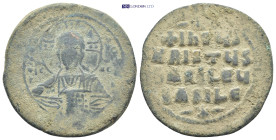 Basil II Bulgaroktonos, with Constantine VIII AD 976-1025. Constantinople Follis Æ (35mm, 17.3 g). IC-XC to left and right of bust of Christ, facing, ...
