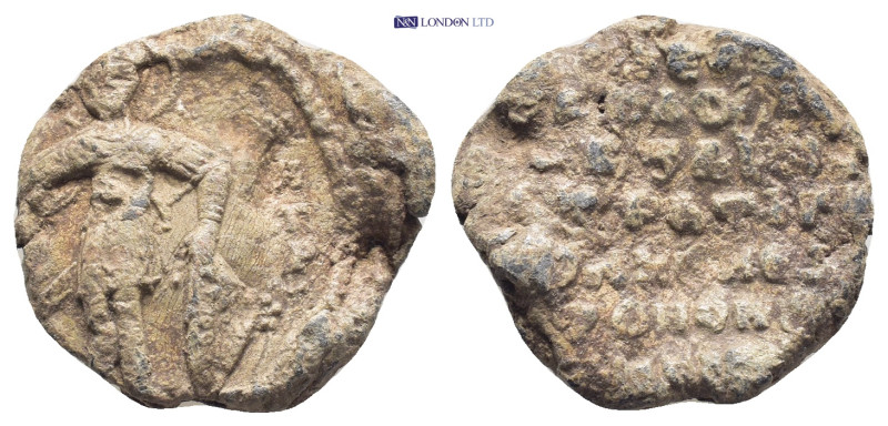 Byzantine Lead Seal (22mm, 10.3 gr) Obv: St. George standing, balancing his spea...