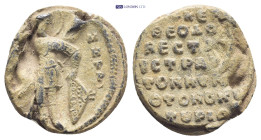 Byzantine Lead Seal (22mm, 9.0 gr) Obv: St. George standing, balancing his spear and shield against the ground. Rev: Inscription of seven lines.